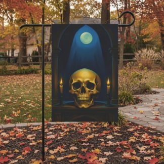 A decorative yard flag displays a golden skull lit by candles under a moonlit arch. Surrounded by autumn trees and scattered leaves on a paved path.