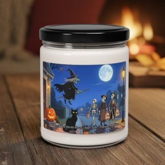 Halloween-themed candle with a whimsical cartoon label. It shows a witch flying on a broomstick, skeletons trick-or-treating, a black cat, and a jack-o'-lantern under a full moon. Cozy, festive atmosphere.