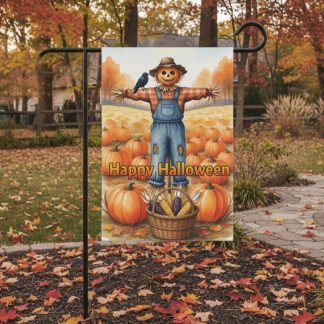Halloween garden flag featuring a cheerful scarecrow with a pumpkin head and crow, set in a pumpkin patch, reads "Happy Halloween." Autumn leaves accent a stone path.