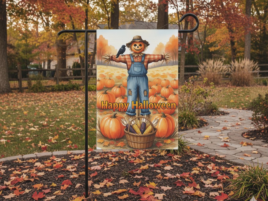 Halloween garden flag featuring a cheerful scarecrow with a pumpkin head and crow, set in a pumpkin patch, reads "Happy Halloween." Autumn leaves accent a stone path.