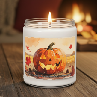 Jar candle with a Halloween theme label featuring a smiling jack-o'-lantern in a field. Warm, cozy background with blurred fireplace and autumn leaves.
