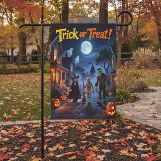 Halloween garden flag featuring a witch, mummy, and Frankenstein under a full moon. Autumn leaves and jack-o'-lanterns add to the festive mood.
