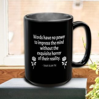 Black mug with a white quote by Edgar Allan Poe sits on a book by a window. Steam rises, surrounded by greenery, creating a cozy, thoughtful ambiance.