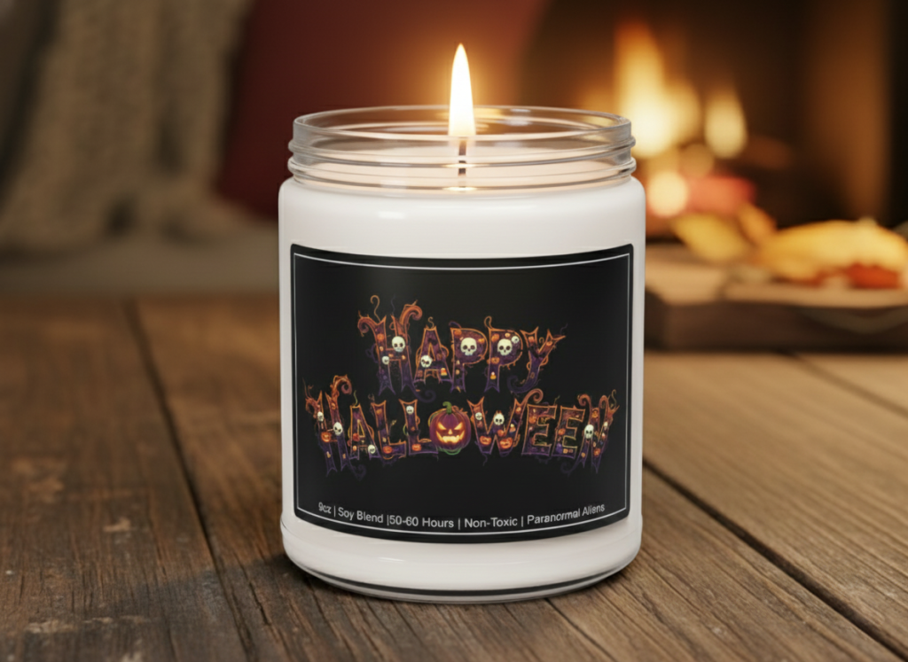 A white candle in a jar with a black lid. The label features "Happy Halloween" in spooky font with skulls and a jack-o'-lantern. Cozy fireplace in the background.