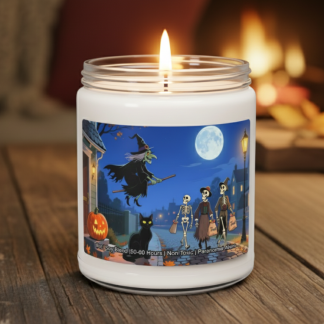 Halloween-themed candle with a whimsical cartoon label. It shows a witch flying on a broomstick, skeletons trick-or-treating, a black cat, and a jack-o'-lantern under a full moon. Cozy, festive atmosphere.