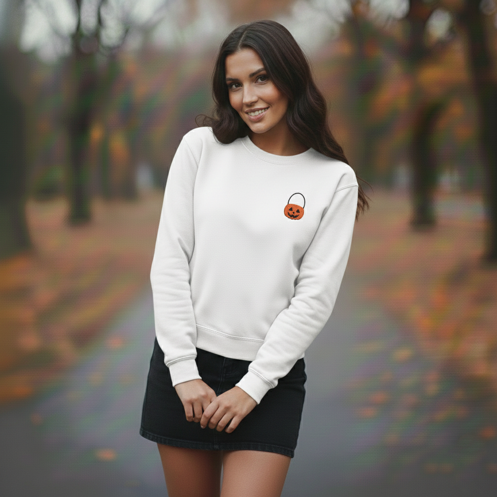 Halloween Embroidered Pumpkin Sweatshirt, Spooky Fall Crewneck, Relaxed Fit, Cotton Polyester, Goth Horror Gift - Image 2