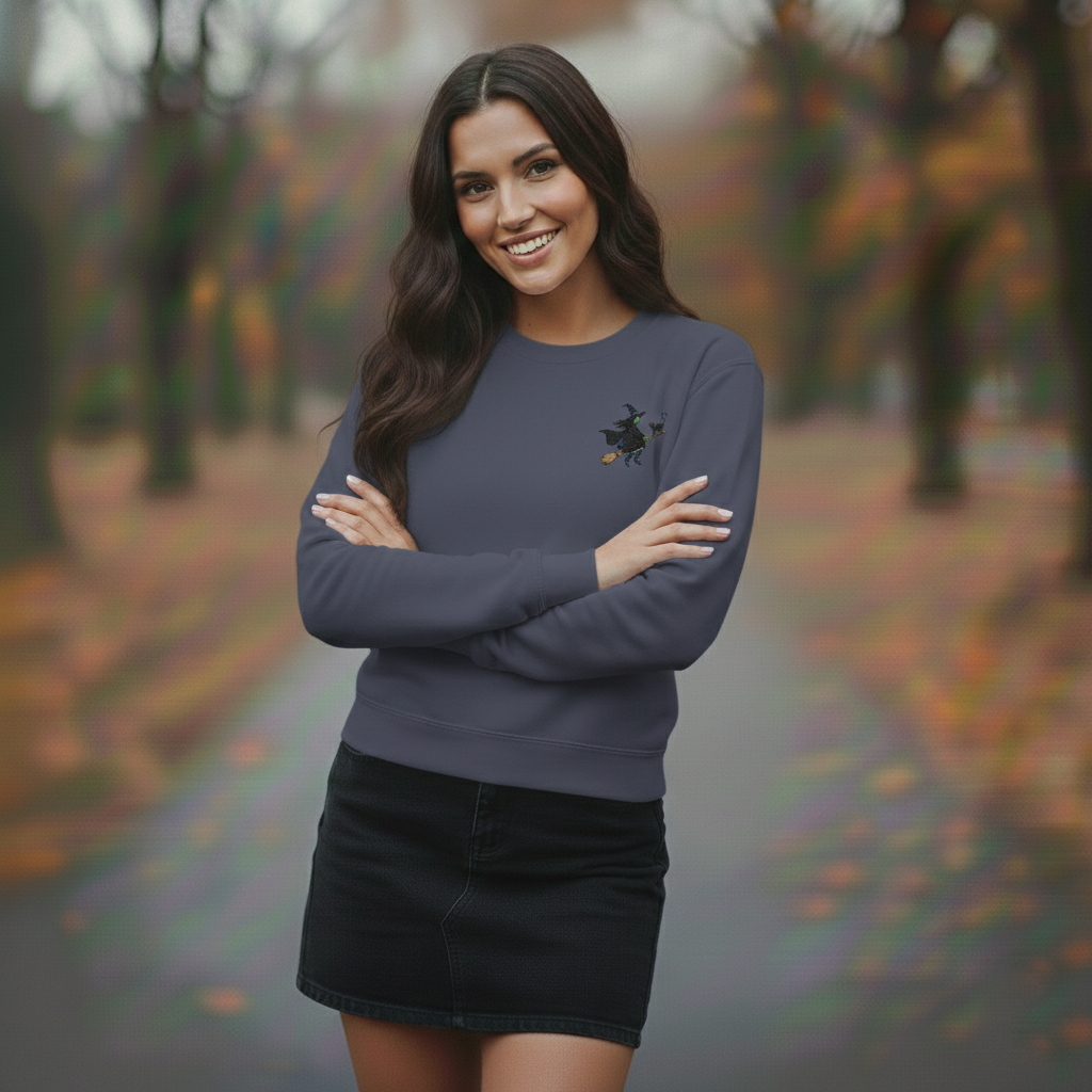 Embroidered Witch Sweatshirt, Halloween Fall Crewneck, Relaxed Fit, Cotton Polyester, Goth Horror Gift, Spooky Apparel - Image 2